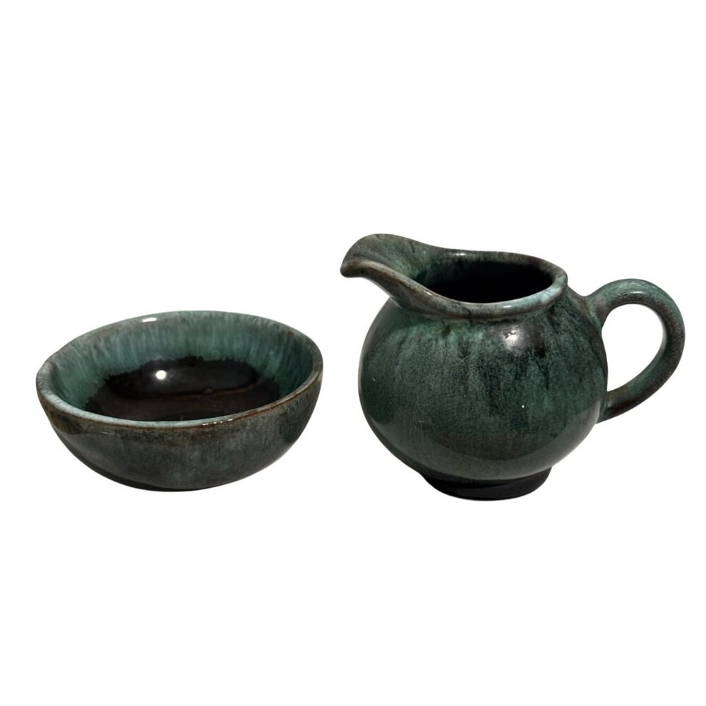 Creamer & Sugar Bowl Set Handcrafted Ceramic Green Drip Glaze Canada Pottery MCM